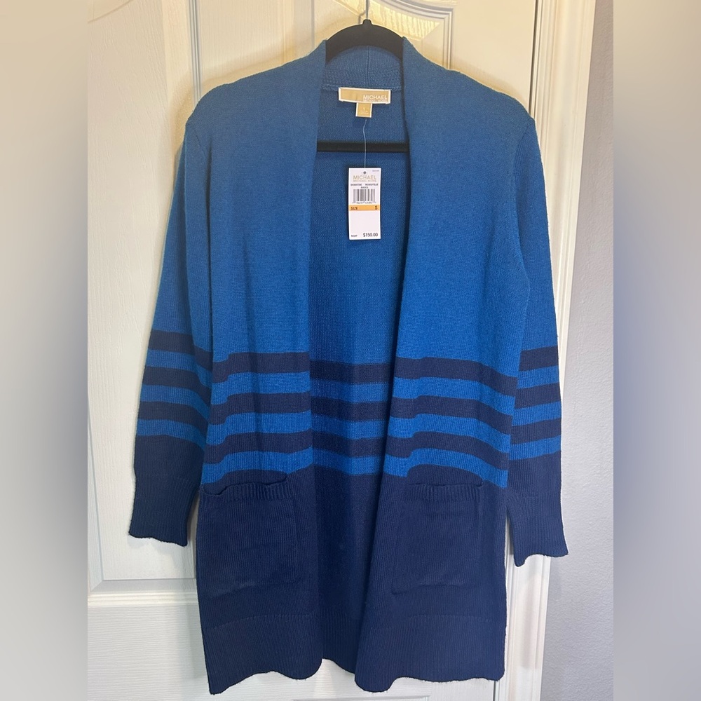 💙”Michael Kors” NWT Blue Cardigan w/ Stripes & Pockets Size S🩵 - Picture 1 of 12